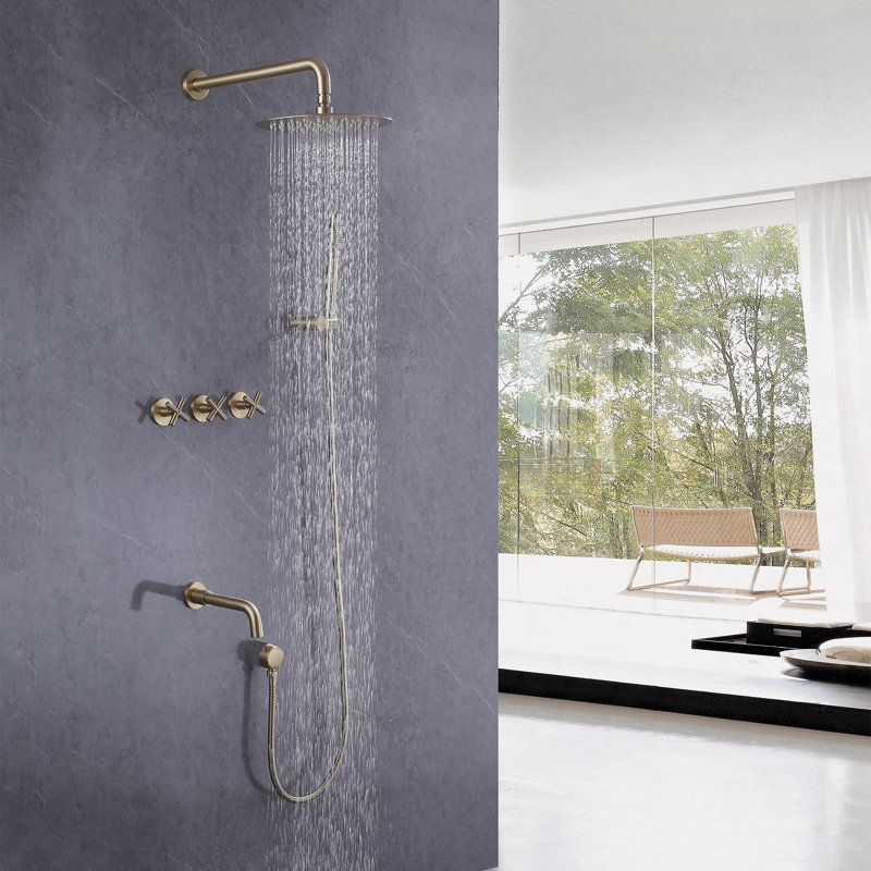 10" Round Shower System Set with Tub Spout, Wall Mount 3 Function Rain Shower Faucet Set with Rough-in Valve, Brushed Gold