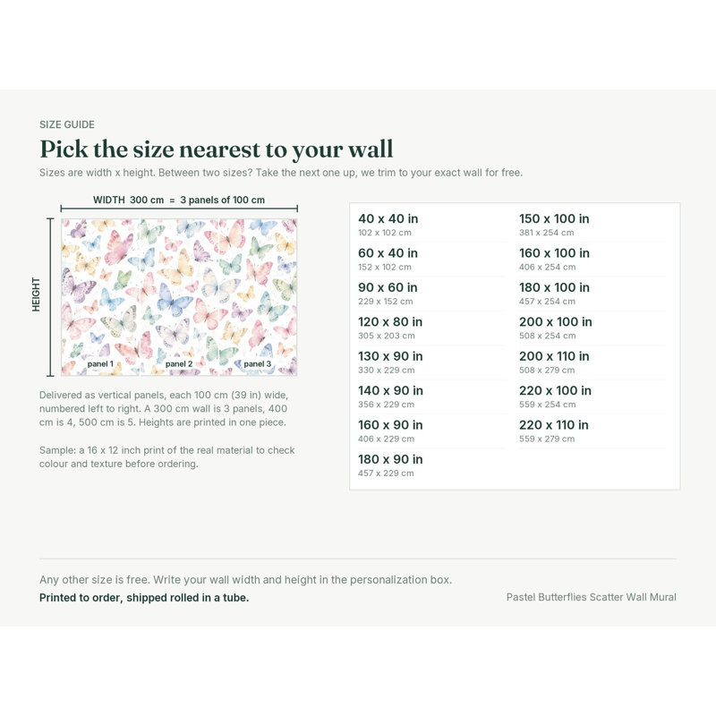 Pastel Butterflies Scatter Wallpaper Mural, Peel and Stick Kids Room Wall Mural, Watercolor Nursery Wallpaper Made to Measure