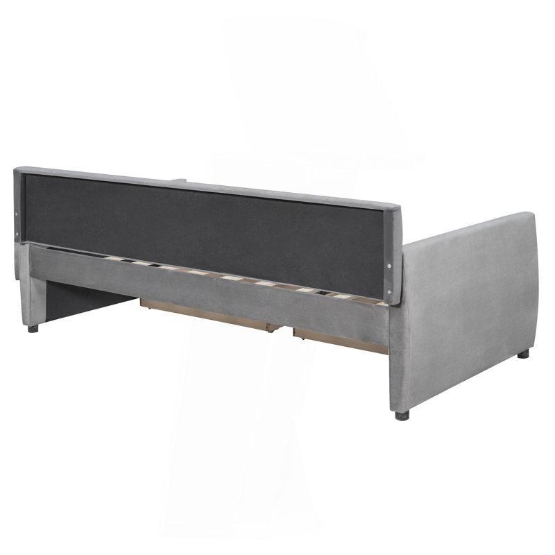 Lit de jour simple tapissier avec tiroirs, support en lattes de bois, gris, Gris, Lit simple