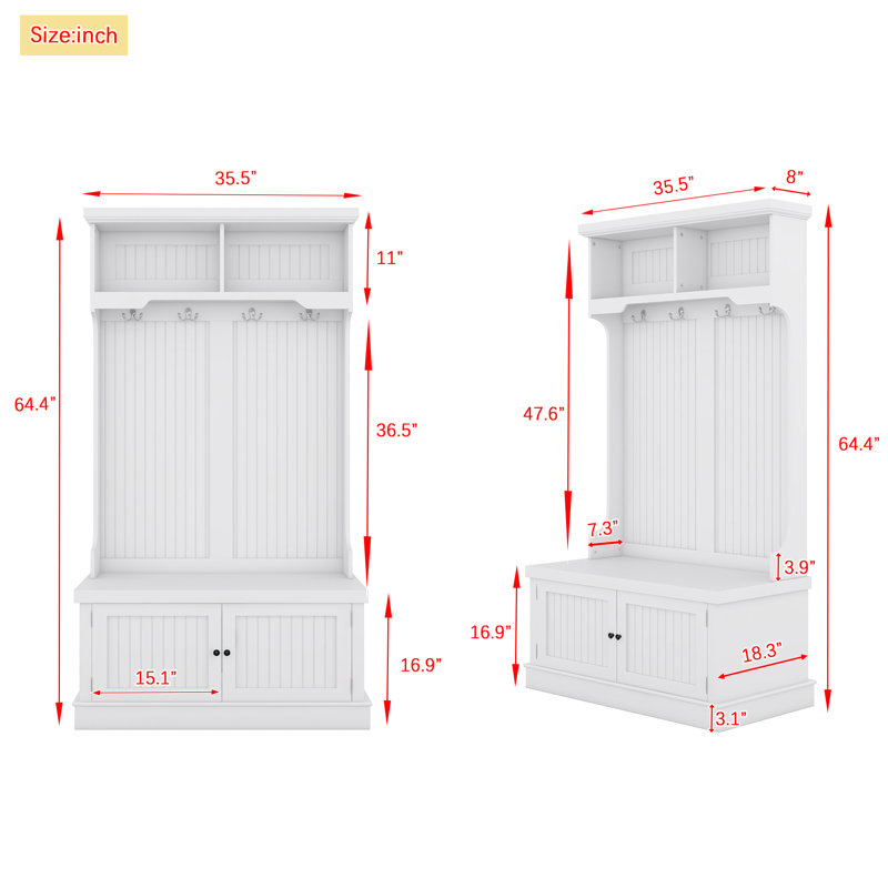 Hall Tree 90.2cm Wide with Bench, White