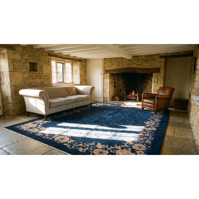Tapis bleu antique en laine noué à la main des années 1920