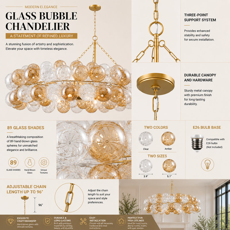 Constantine 3 - Light Dimmable Glass Globe Bubble Chandelier, Gold