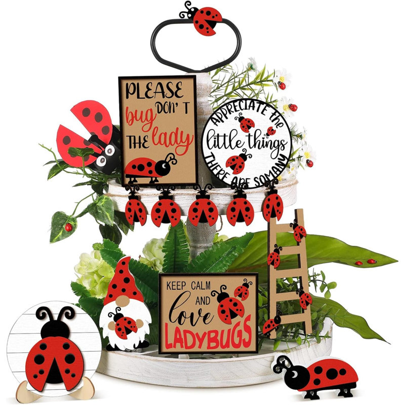 Camarata 12 pièces rouge coccinelle plateau décoré ensemble de décoration printemps été panneau de bois rustique décor de maison de campagne coccinelle plateaux décoratifs plateaux de signes pour la maison décorations de cuisine (coccinelle)