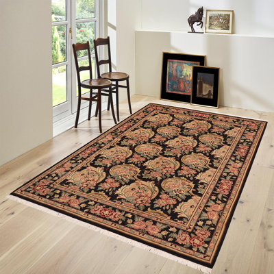 Tapis noir / beige en laine noué à la main à motif floral de 6 pi 1 po x 9 pi 1 po William Morris