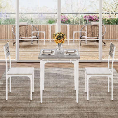 Grey White 3 Piece Dining Set with Spiral Legs Dining Table and 2 Chairs for Small Spaces Kitchen Apartment