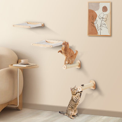 Wall Mounted Cat Shelves With 2 Jumping Posts & 2 Hammocks Up To 40 Lbs