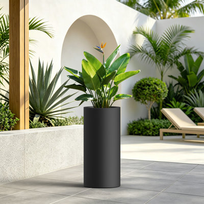 Modern Tall Cylinder Concrete Plant Pot, 11 Inch Decor Planter with Drainage Hole, Dark Charcoal