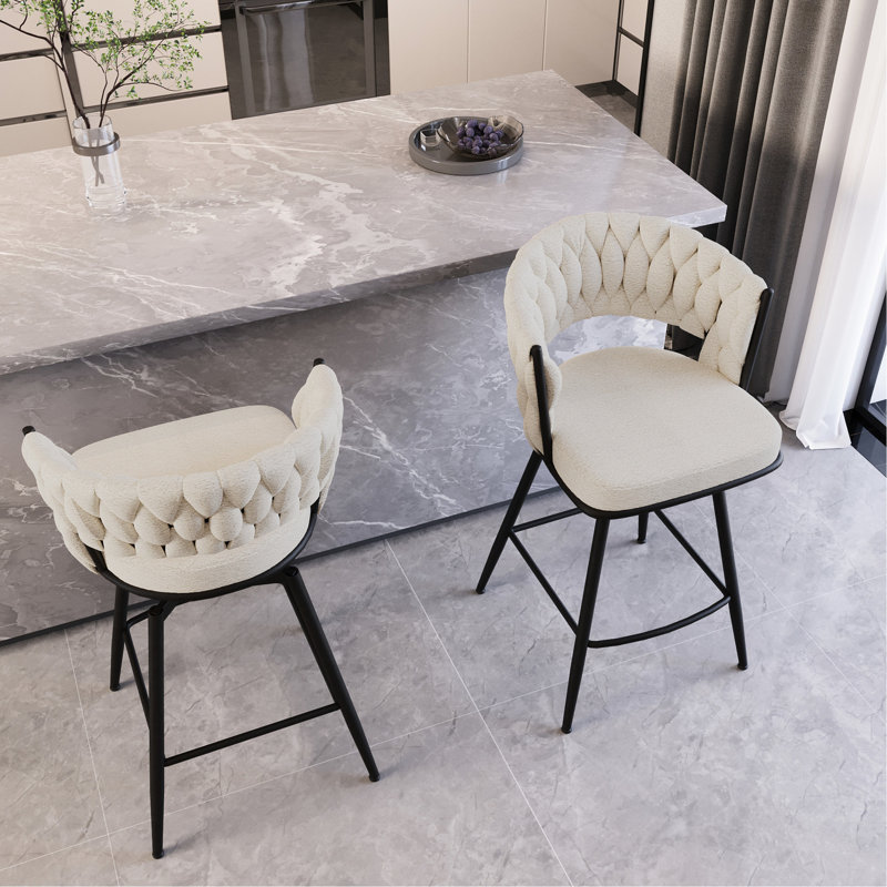 De 4 - à porter, pivotant sur 360 °, tissé, pieds noirs, chaise de bar rembourrée, matériaux blancs,