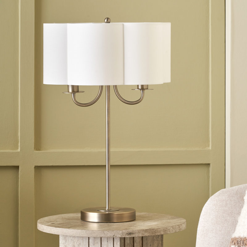 Seraphine Matt Antique Brass Metal and White Cotton Mix Scallop Shaded Table Lamp