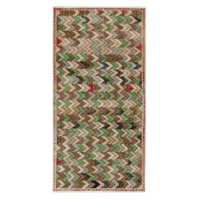 Pasha One-of-a-Kind Hand-Knotted 1960s Vintage Distressed Runner in Green/Brown/Light Gray/Black Chevron Patterns -  Rug & Kilim, 24576