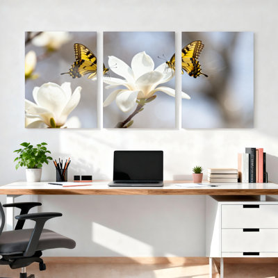 Papillon et fleur blanche, reproduction d'art sur toile tendue sur toile, ensemble de 3