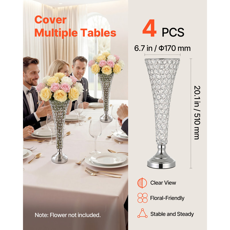 4 PCS Crystal Wedding Flower Vase, 20 in Tall Flower Table Centerpieces, Crystal Cylinder Banquet Vases Easy Installation, Versatile Arrangement Stand for Party Events Room Home Decor, Silver