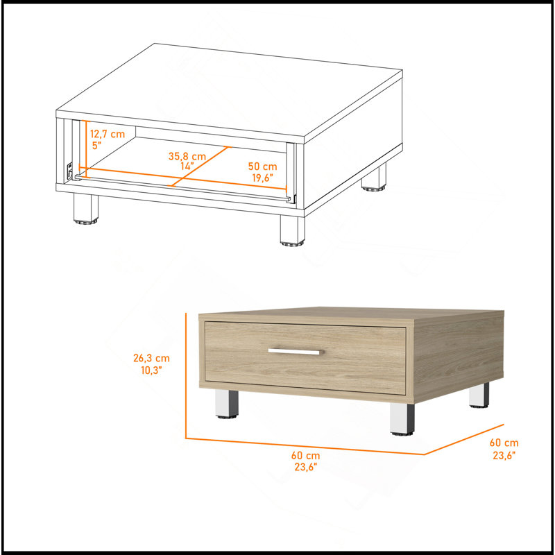 Table basse Myers, quatre pieds, un tiroir