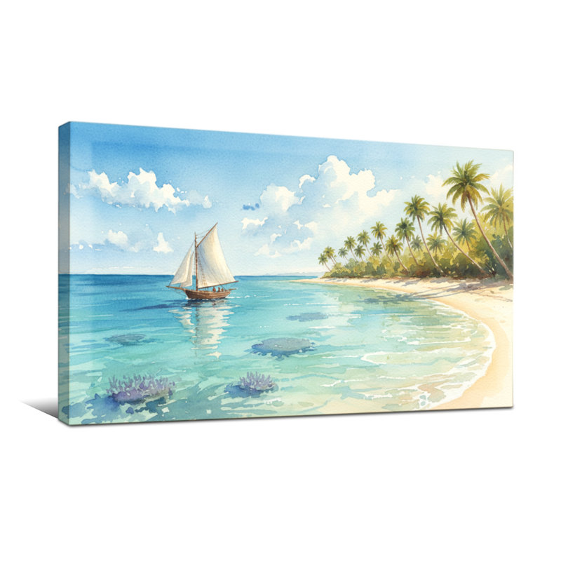 Nautique et plage plage tropicale voilier palmiers ciel eau sable, H 28 po x l 58 po
