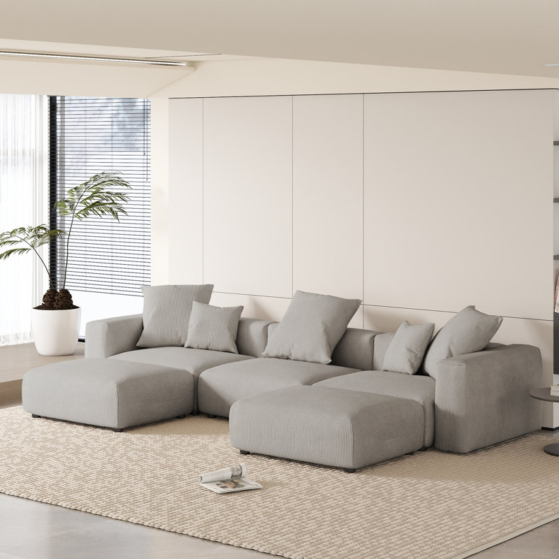 Olivery Nedek Upholstered Boneless 5-Piece Modern Modular Cloud Corduroy Fabric Sectional Sofa With Ottoman, Gray Corduroy