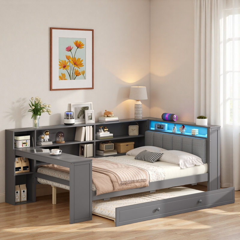 Wood Platform Bed With Storage Shelves, Trundle, Charging Station, Led, Desk And Upholstered Headboard, Gray