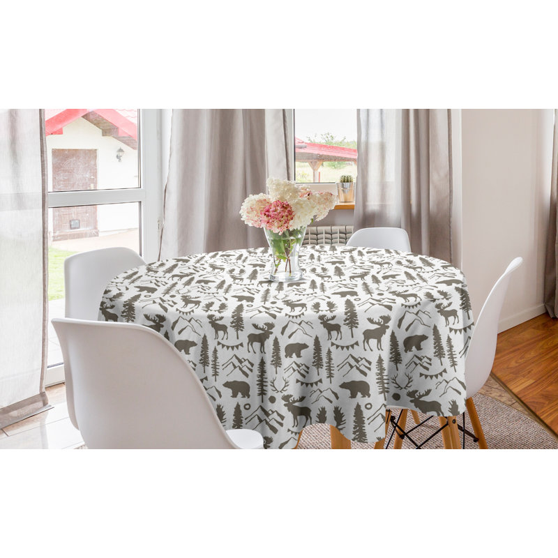 Ambesonne Northwoods Round Tablecloth, Forest Elements With Bear Moose Trees And Mountains Wildlife Nature Theme, Circle Table Cloth Cover For Dining Room Kitchen Decoration, 60", Taupe White