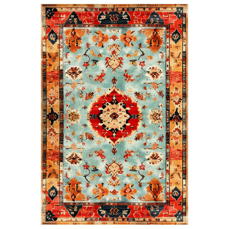 Arathorn Collection Digital Print Cotton-Polyester Blend Rug – Teal & Orange, Runner 4' x 16'5"