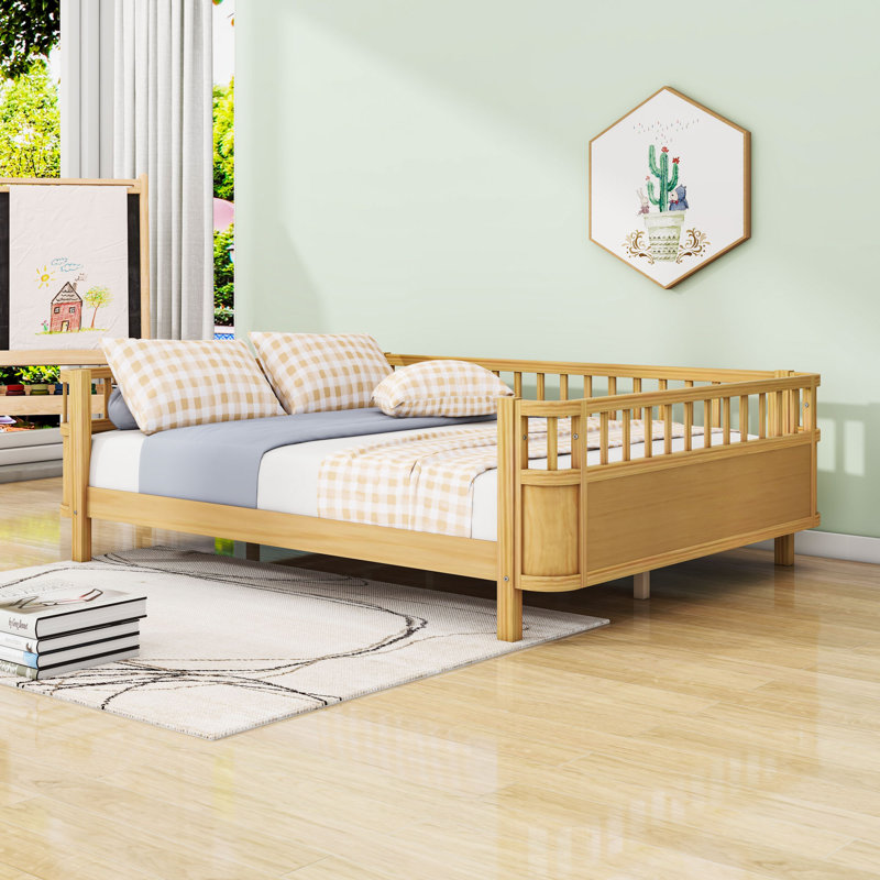 Wood Platform Bed with Safety Rails, Low Profile Design, Natural, Full