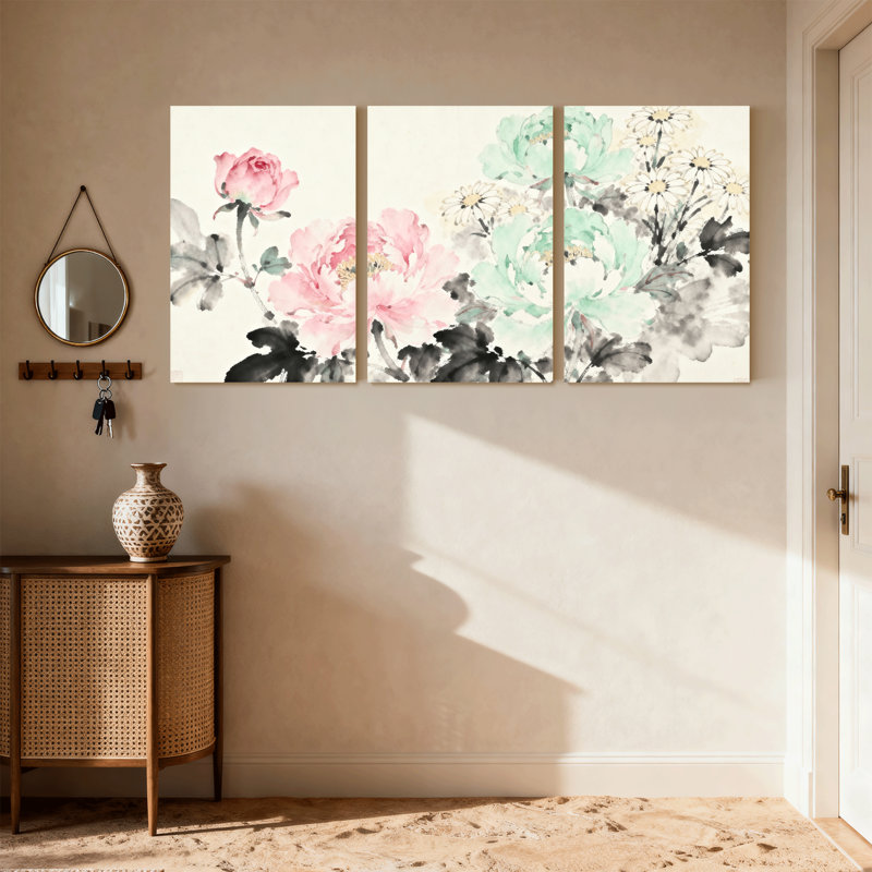 Plantes et fleurs roses et pivoines avec marguerites, ensemble de 3 impressions sur toile, H 18 po x l 36 po