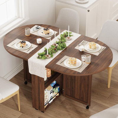 3-in-1 Folding Dining Table with Wine Rack & Cup Holders, Lockable Casters, Drop Leaf Oval Kitchen Table for Small Spaces