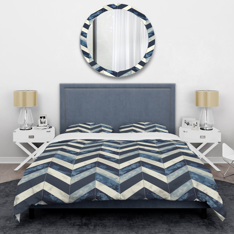 Ensemble de housse de couette transitionnelle Blue Chevron Glam IV, Housse de couette pour grand lit et 2 taies décor