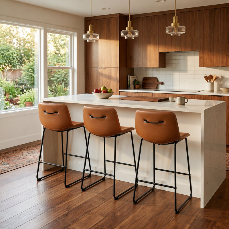 Modern Faux Leather Counter Stool With Low Back Sled Base Footrest, Brown, Counter Stool (30” Seat Height)