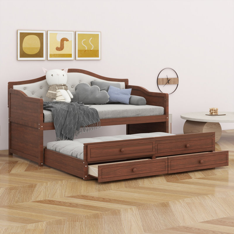 Modern Wooden Daybed with Trundle, Storage Drawers & Upholstered Button Tufted Backrest, Walnut