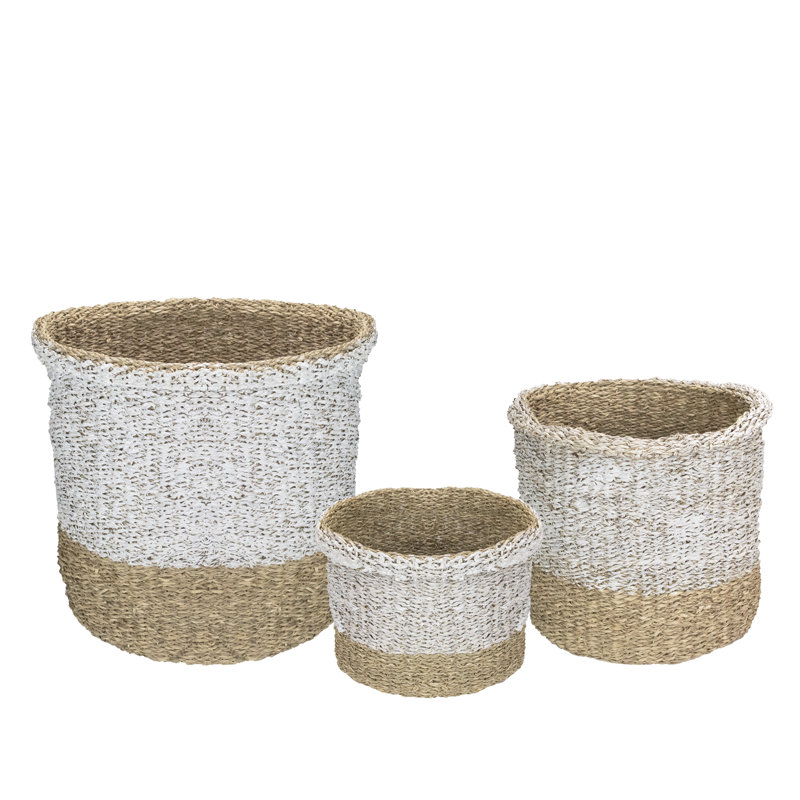Ensemble de 3 paniers de table et de plancher ronds en osier beige et blanc