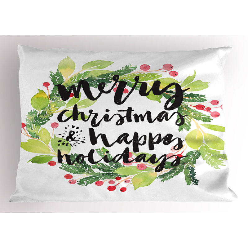 Festive Christmas Wreath Red Berries Pillow Shams, 26"x20", White Green