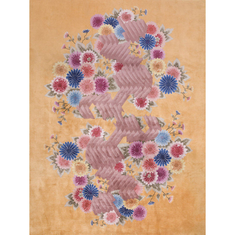 Beautiful Yellow Color Antique Geometric Floral Design Chinese Art Deco Rug