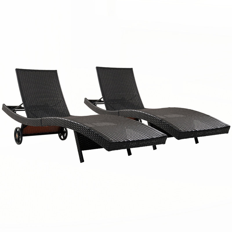 Outdoor Rattan Reclining Lounge Chair w/ Rolling Wheels & Pull-out Side Table, Black/Brown