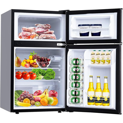 3.2 Cu.Ft Two-Door Compact Refrigerator with Freezer - Stainless Steel Mini Fridge with Adjustable Thermostat, Removable Shelves & LED Lighting - Energy-Efficient Design for Dorms, Offices, Bedrooms