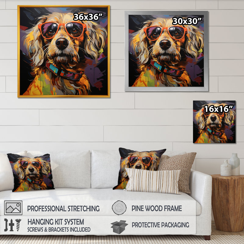 Pop Art, lunettes de soleil chien - animaux, décoration murale_105829, Toile tendue, H 36 po x l 36 po x P 1,5 po