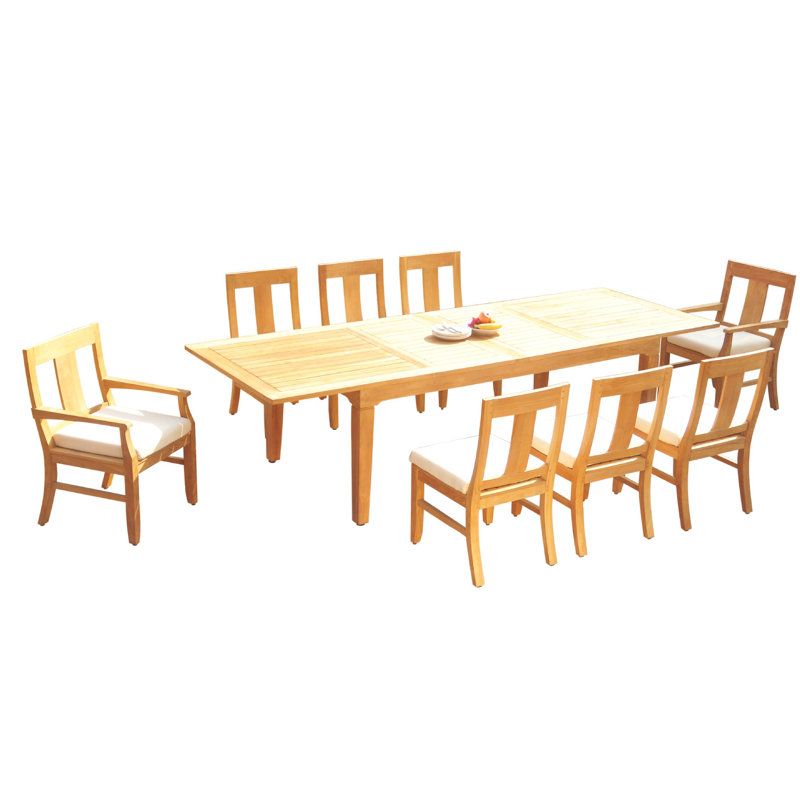 Lundys 10 - Person Teak Solid Wood Patio Dining Set Extendable and Umbrella Hole Included Rectangular Table, 8