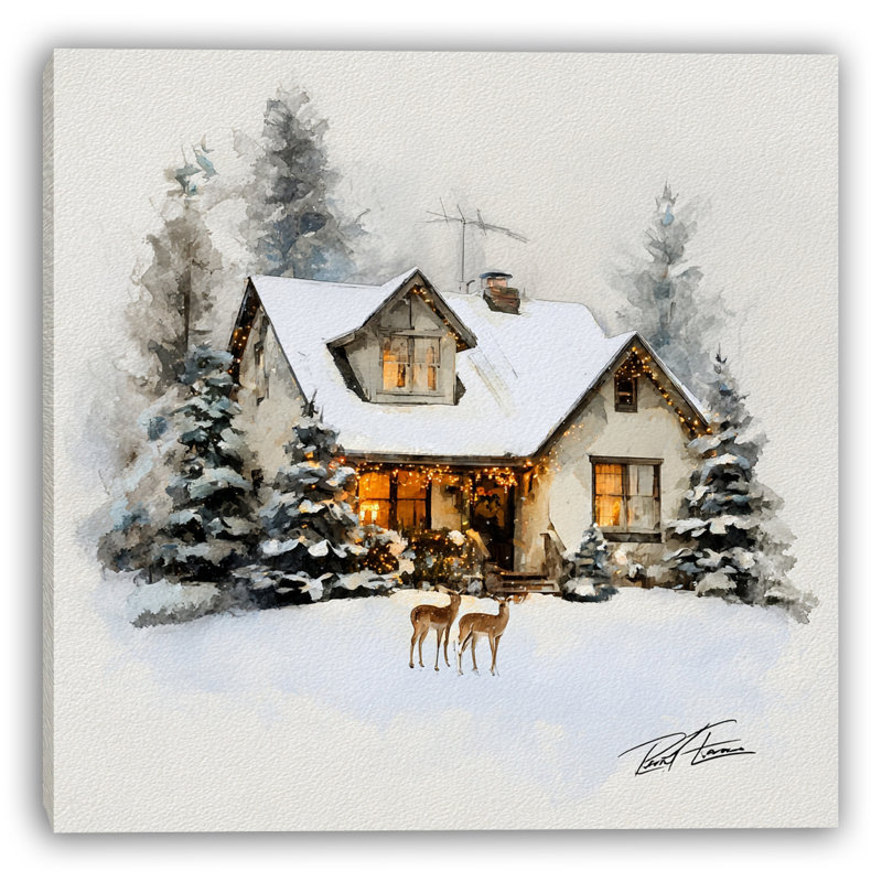 «Warm Lights Winter Cottage with Deer», art mural sur toile tendue, H 40 po x l 40 po