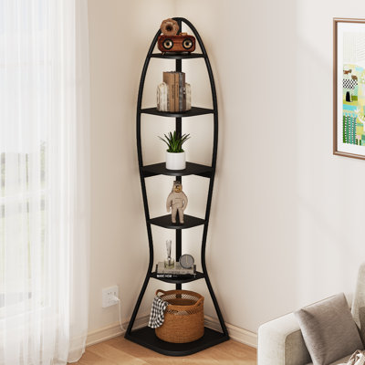 Industrial 6-Tier Tall Corner Shelf With LED Lights & Multi-Depth Storage, 68.11" Height For Living Room, Bedroom by One Allium Way