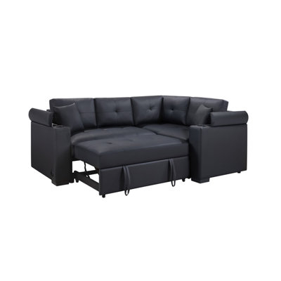 Donovan 84.5"W Black PVC Fabric Sleeper Sectional with USB Charger, Cupholders, Storage Arms