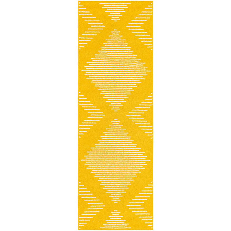 Tapis géométrique jaune en polypropylène tissé à la machine, Tapis de couloir 2 pi x 5 pi 1 po