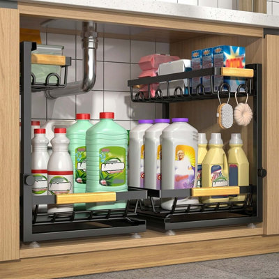 2 Packs Height Adjustable 2 Tier Under Sink Organizer Multi-Purpose Storage Shelf for Kitchen Bathroom Cabinet