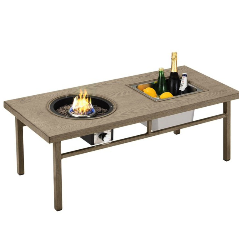 47-Inch Beige Aluminum 31 Fire Pit Table With 50,000 And Ice Bucket, Featuring Adjustable Flame Control Outdoor Propane In 4.5 Creating A Warm Cozy Space