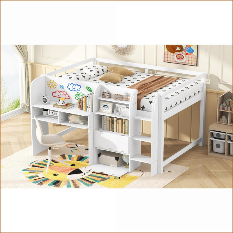 Pleine grandeur pin & amp; Lit mezzanine bas en panneau de fibres à densité moyenne avec bureau intégré, rangement et amp; Tableau blanc - Blanc