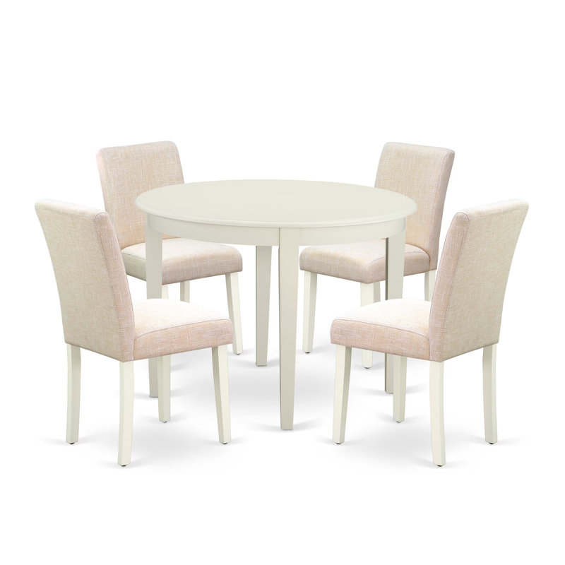 5 Piece Dining Set Includes a Round Kitchen Table and 4 Light Beige Linen Fabric Parsons Dining Chairs, 42x42 Inch, Linen White