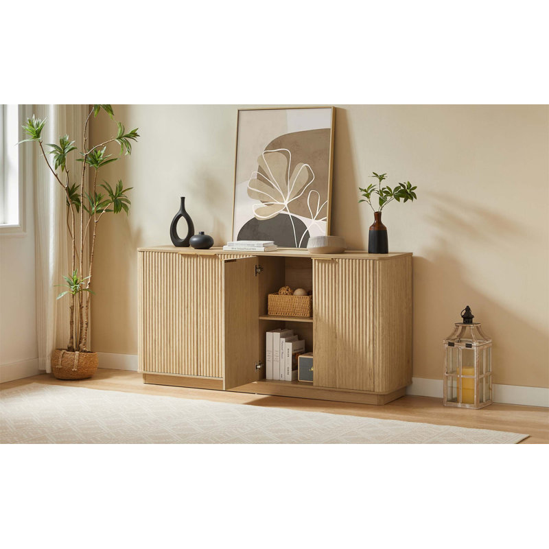 Buffet 63 pouces à rayures verticales en chêne avec rangement, forme ondulée, meuble télé multifonctionnel pour diverses pièces