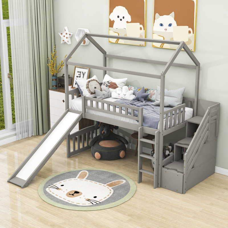 Lit mezzanine simple avec glissière et rangement Kaing, gris