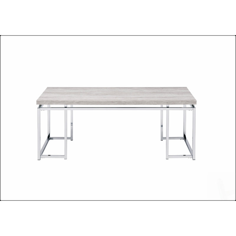 Table basse contemporaine moderne en chêne naturel avec piètement en métal chromé, idéale pour les salons et les bureaux élégants.