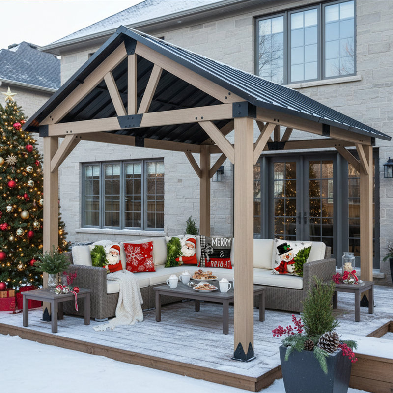 Patio Cedar Framed Wooden Steel Hardtop Gable Roof Gazebo, 111.6" H x 144" W x 120" D