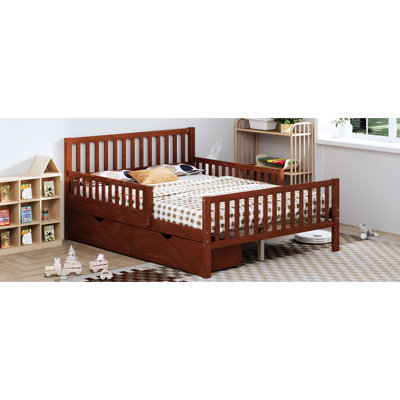 Walnut Full - Size Wood Platform Bed With Both Side Guardrails And Two Storage Drawers, Strong Pine , 8 Slats For Balance Featuring Drawers Storage, Style, Stability