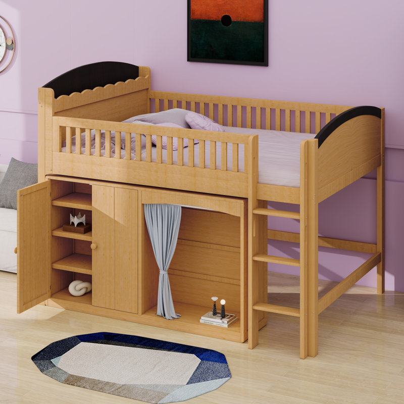 Modern Loft Bed with Storage Cabinet, Wardrobe and LED, Wood Color+Espresso