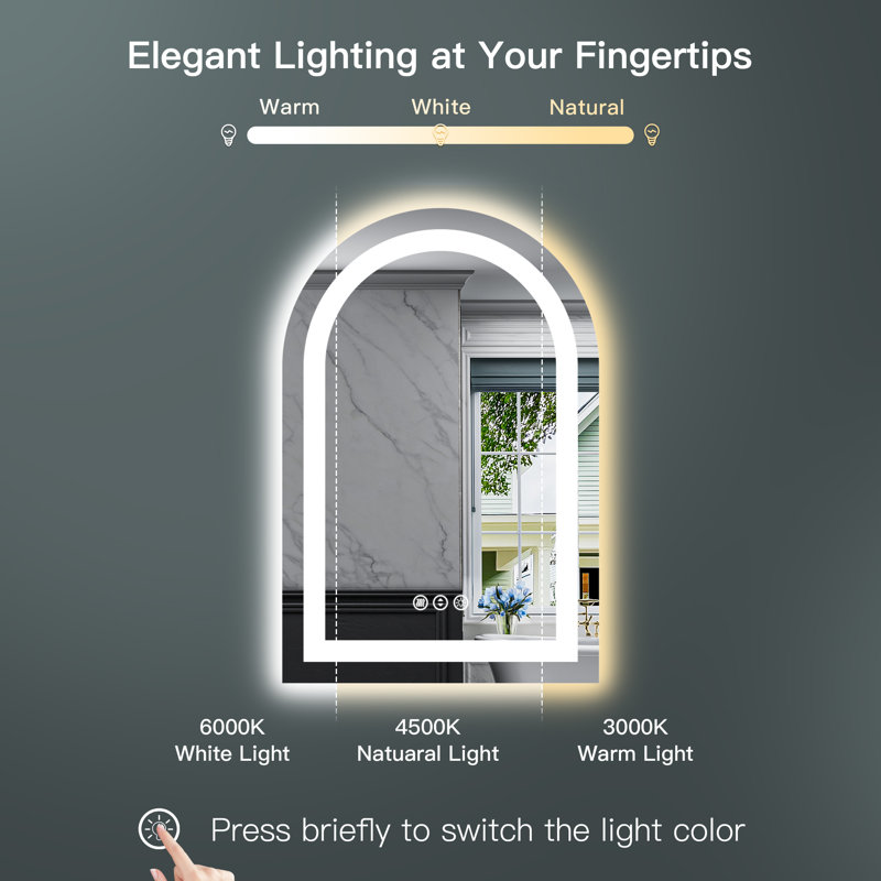 Arch Bathroom LED Mirror with Frontlit & Backlit, Anti Fog Lighted Vanity Mirror with Stepless Dimmable, ETL Listed, IP54 Waterproof, CRI90+, HD Tempered Glass